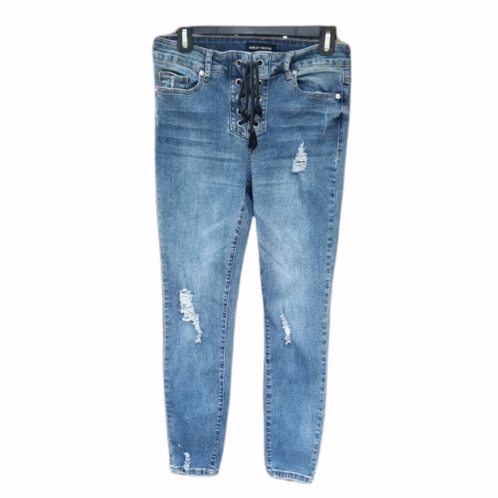 Lace Up High Rise Distressed Skinny Jeans Medium Wash Denim with Stretch 5